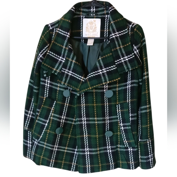 Wet Seal Vintage Women's Green Plaid Double-Breasted Pea Coat Jacket Preowned XS - Picture 1 of 9